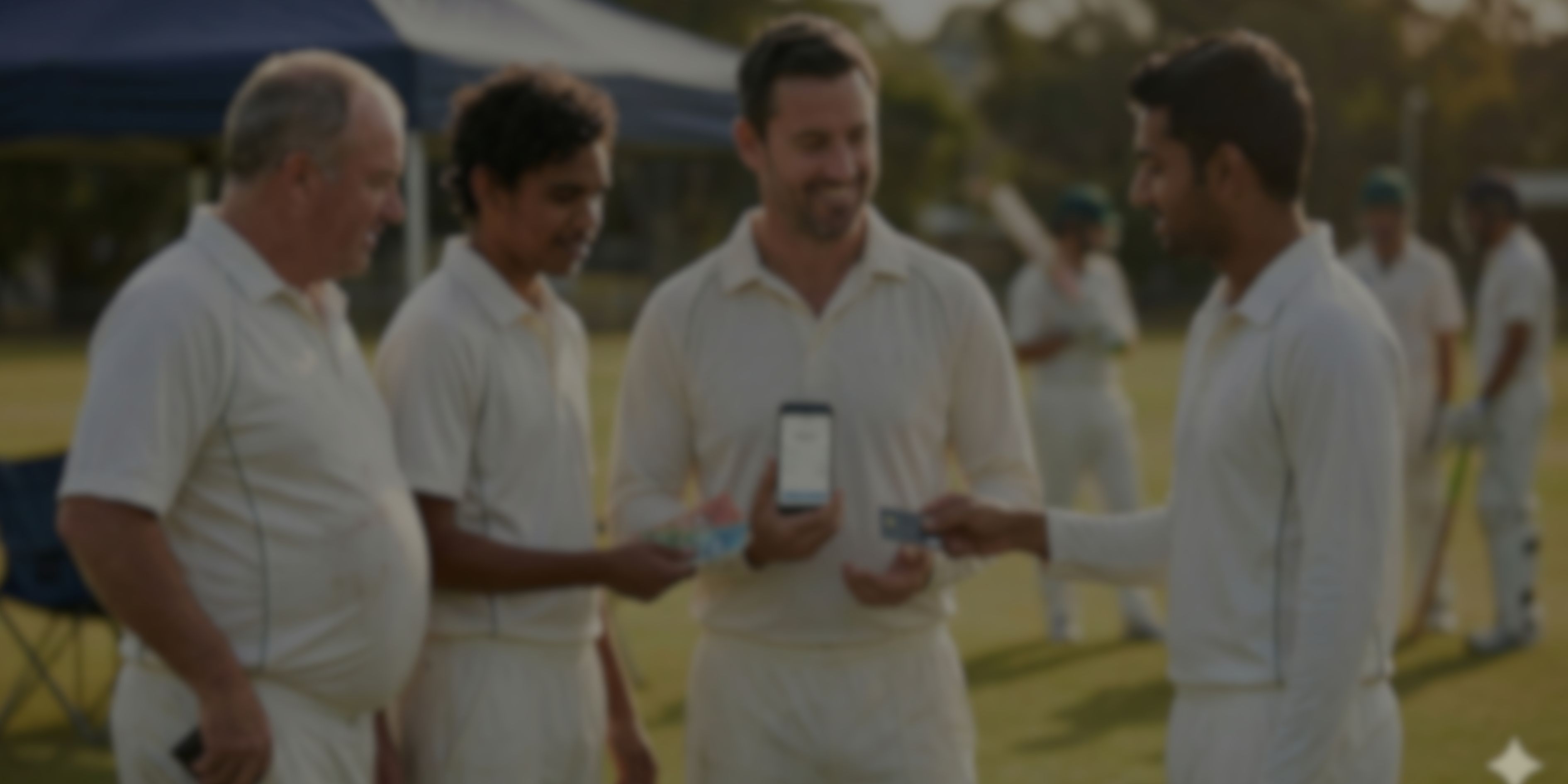 A group of cricketers collecting match fees on a pitch